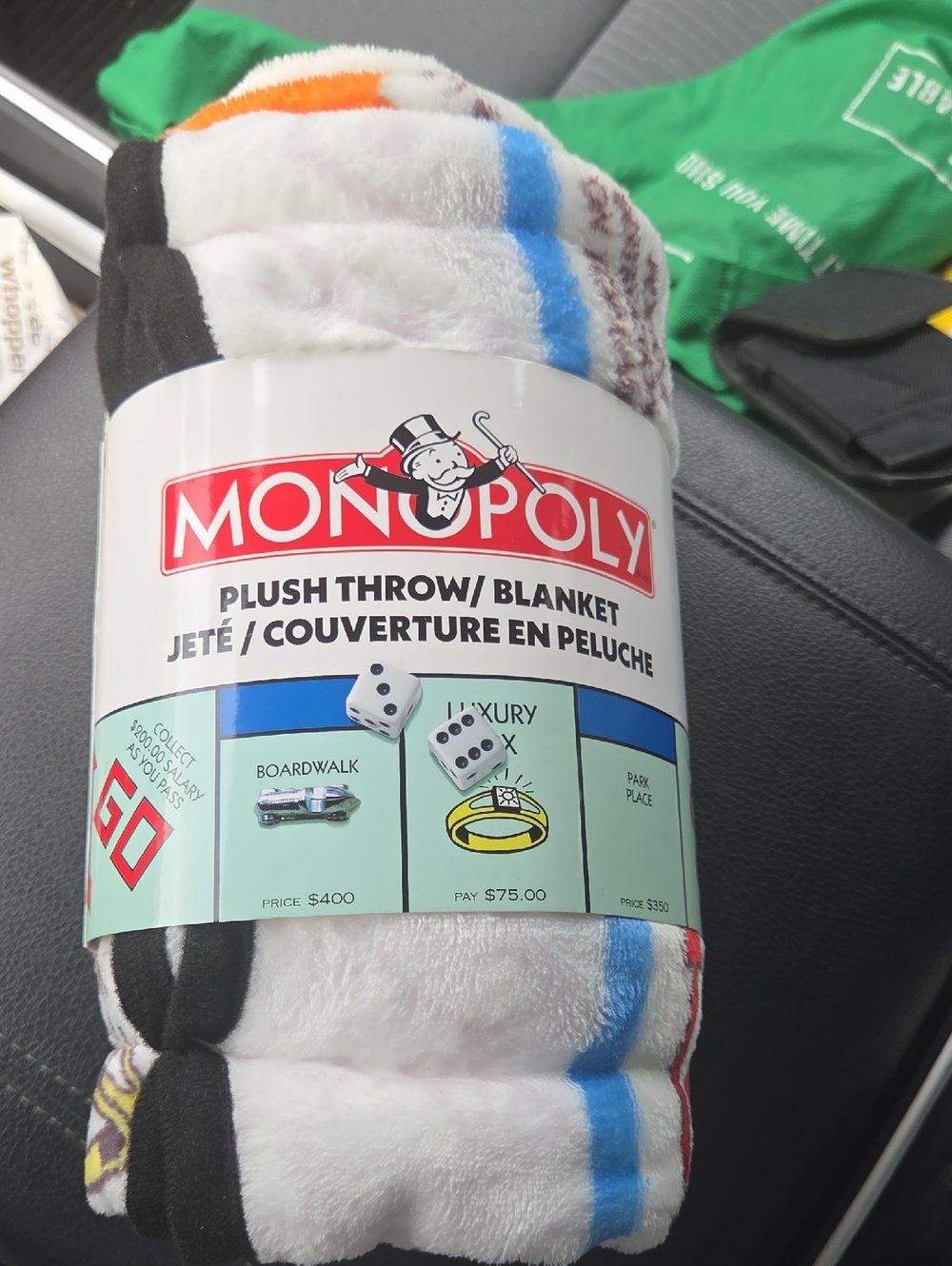 adidas White Plush Throw Blanket with Multicolor Monopoly Game Print